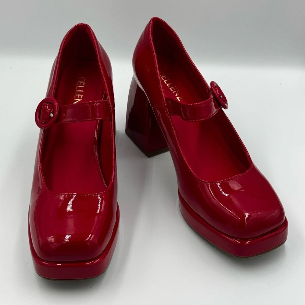 Red Patent Platform Mary Jane Heels | Block Heel Pumps | Size 8.5